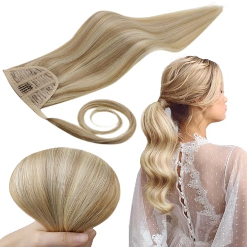RUNATURE Ponytail Hair Extensions Real Human Hair 12 Inch Blonde Highlight Ponytail Extensions 70g Natural Straight Ponytail Human Hair Extensions