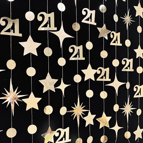 Image of Champagne Gold 21st Birthday Decorations Number 21 Circle Dot Star Garland Metallic Streamer Banner Backdrop for Girls Boys Cheers to 21 Years Finally Legal Bday Happy 21st Anniversary Party Supplies