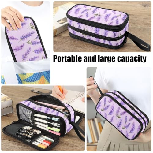 Image of Fustylead Watercolor Vintage Lavender Flowers Pencil Pen Case with 3 Compartments, Lightweight & Spacious Stationery Bag Cosmetics Bag