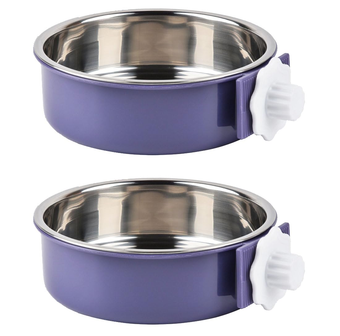 KuTi Kai 2 IN 1 Stainless Steel Pet Hanging Bowl Removable Dog Bowl for Crates Puppy Food Feeder Water Dish with Bolt Holder Dog (Purple-Large-2Packs)