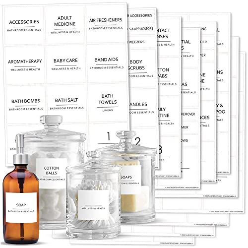 Talented Kitchen 174 Minimalist Bathroom Labels Set with Makeup Labels, Black Print on White Matte Backing, Water Resistant. 174 Bathroom, Beauty & Makeup Vinyl Stickers. Organization Storage System
