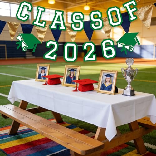 Image of Class of 2026 Graduation Banner University College Grad Garland Decoration Party Supplies High School Colors Green White