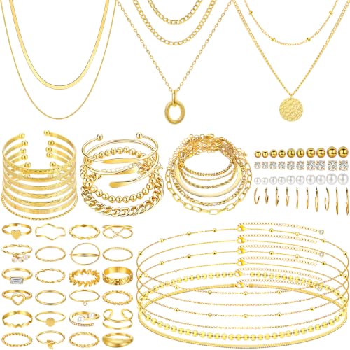Image of NEWITIN 74 Pieces Gold Jewelry Set for Women Fashion Costume Jewelry Gold Plated Necklace Bracelet Waist Chain Ring Earrings Set for Women