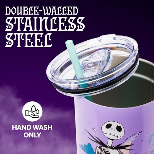 Image of Silver Buffalo Disney Nightmare Before Christmas by Tim Burton Jack Skellington Double Walled Stainless Steel Tumbler with Handle and Straw, Fits in Standard Cup Holder, 40 Ounces