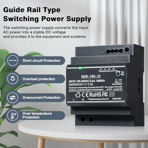 Image of Jadeshay DIN Rail Power Supply, 100W 12VDC 7.1A Switching Power Supply with Overload Protection and Stable DC Output (HDR-100-12)