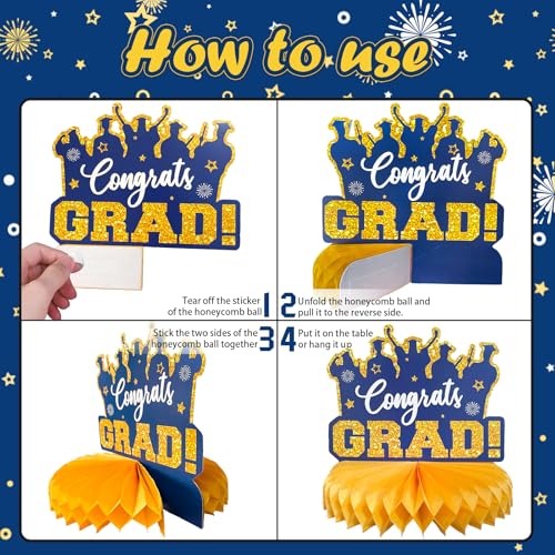 Image of 2026 Graduation Party Decorations - 8 Pcs Blue Gold Class of 2026 Graduation Party Table Decor Honeycomb Centerpieces for Tables Congratulate for 2026 Congrats Grad Party Supplies