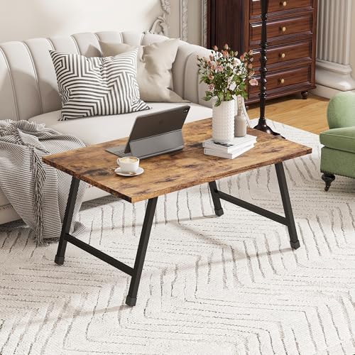 FOUBAM Folding Coffee Table,Rectangular Foldable Coffee Table,Sturdy Low Center Sofa Table for Living Room, Portable Floor Table Desk for Home Office No Assembly,Black with Rustic Brown Top