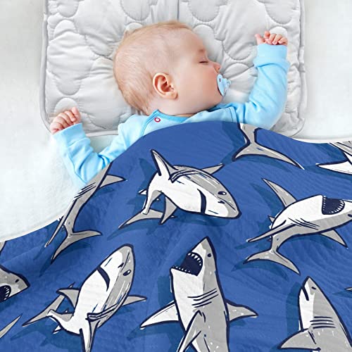 Image of Swaddle Blanket for Blue Cartoon Shark Fish Baby Receiving Blanket Muslin Baby Swaddles Soft Cotton Breathable Nursery Blankets for Unisex Boys and Girls 30x40 Inch