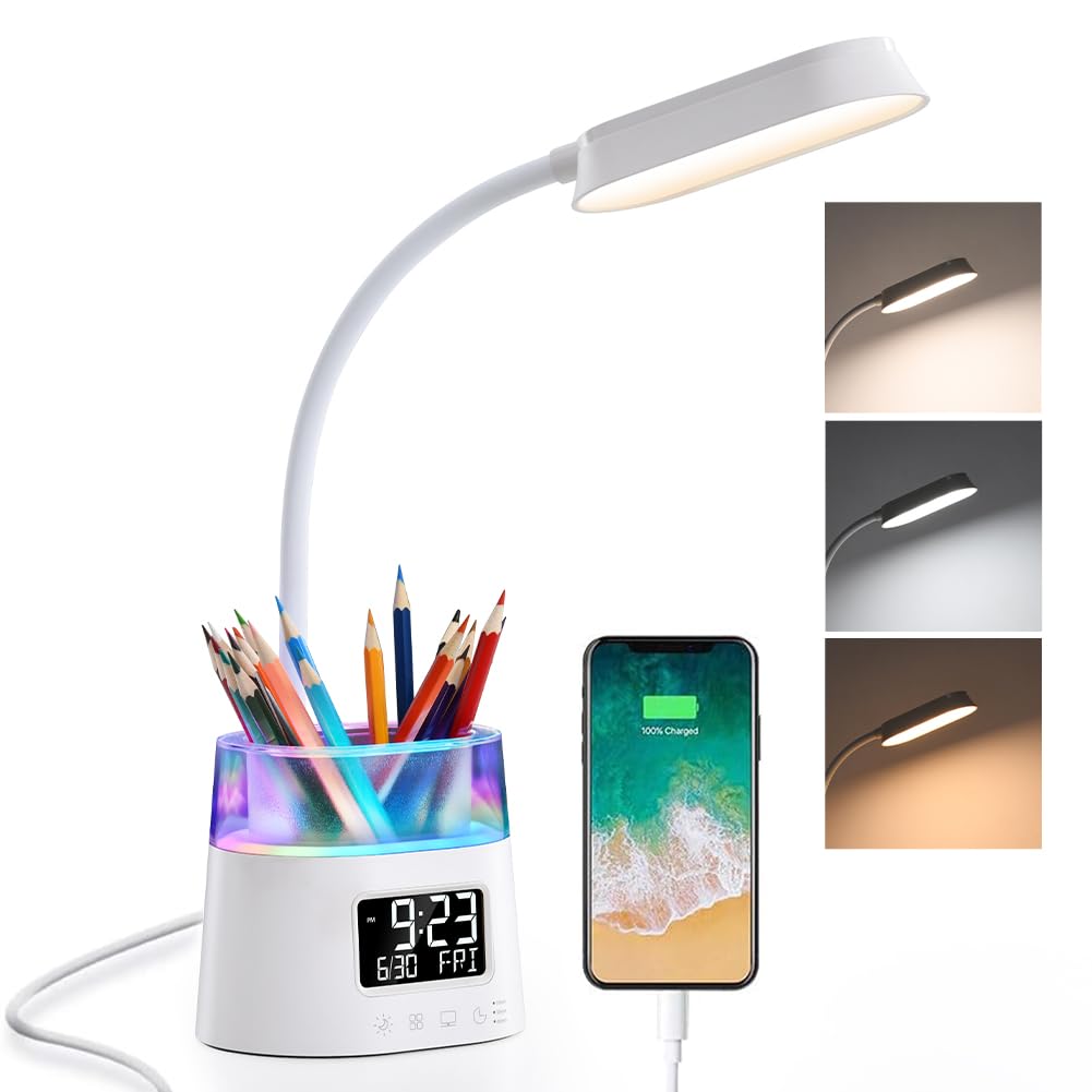 LED Schreibtischlampe Kinder, Dimmbare Tischlampe mit Uhr and Stifthalter, Tischleuchte mit USB-Anschluss, 3 Helligkeitsstufen Leselampe Arbeitsleuchte mit RGB-Nachtlich für Kinder, Studenten, Büro