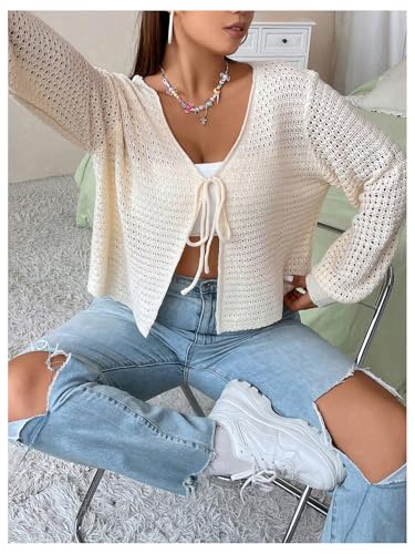 GORGLITTER Women's Plus Size Bow Tie Front Cardigan Crochet Open Front Lightweight Front Tie Cardigan Sweater Fall3