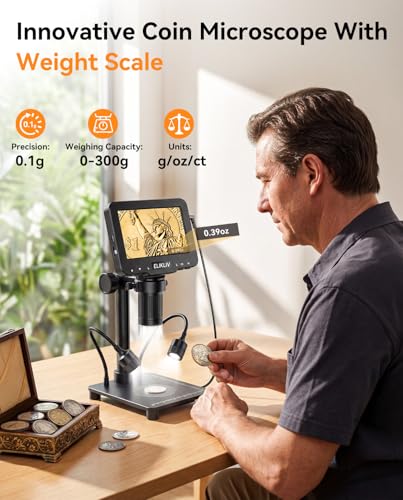 Image of Elikliv Microscope with Weighing Scale, Digital Magnifier for Error Coins, Jewelry Magnifying Glass with Lights, 4.3 inch LCD Screen 12MP Camera 1080P Video USB PC View for Adults Collectors Supplies
