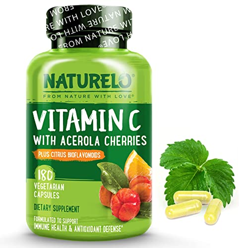 NATURELO Vitamin C with Organic Acerola Cherry Extract and Citrus Bioflavonoids – Vegan Supplement – Immune Support – 500 mg VIT C per Cap – Non-GMO – 180 Capsules