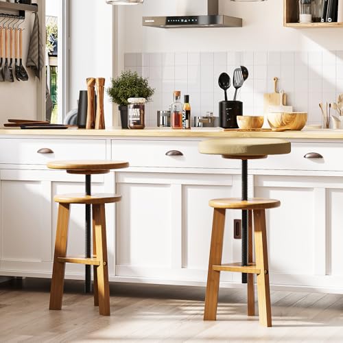 Image of Trironsun Adjustable Height Bamboo Drafting Stool with Canvas Padded Seat 19 inch-26 inch Swivel Drafting Chair for Drawing, Painting, Office, Kitchen, or Home Studio Natural Finish