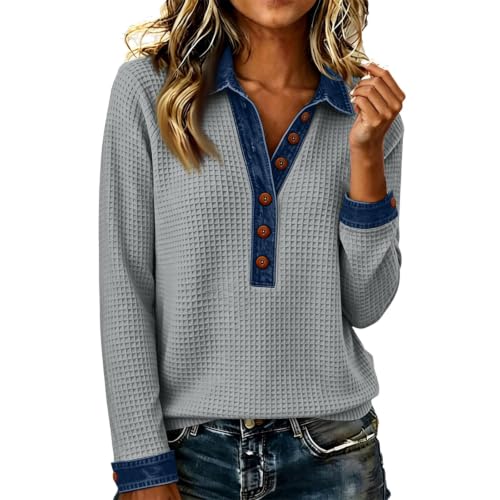 Womens Waffle Knit Shirt Denim Patchwork Long Sleeve Button V Neck Tops - image 1