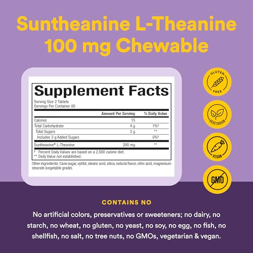 Image of Natural Factors Suntheanine L-Theanine 100 mg - Health Supplement for Calm Outlook - L-Theanine Supplement Supports Relaxing Sleep & Aids Against Drowsiness - 120 Chewable Tablets (60 Servings)