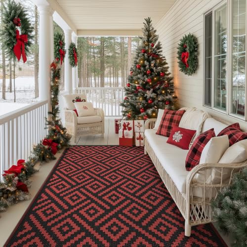 Image of GENIMO Outdoor Rug, Waterproof Plastic Rugs for Patio, 6'x9' Red Grey | Outside Larger Modern Carpet Mat for Porch Decor, Deck, Balcony, Camping, RV, Backyard, Picnic, Beach, Reversible, Foldable