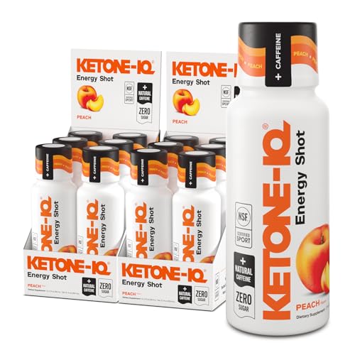Ketone-IQ Caffeine Performance Energy Shots Clean Energy for Focus & Endurance 5g Ketones 100mg Green Tea Caffeine B Vitamins 12 Pack (Peach)