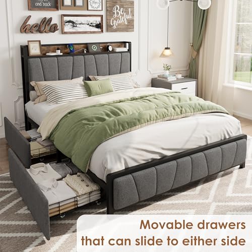 Image of GAOMON Full Size Bed Frame with Storage Headboard and 2 Drawers, Linen Upholstered Platform Bed Frame with Charging Station, Heavy Duty, No Box Spring Needed, Easy Assembly, Noise Free, Grey&Brown