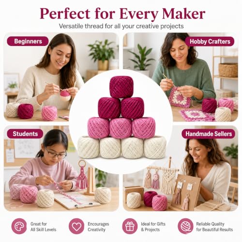 Image of Crochet Cotton Thread Yarn Combo, 10 Rolls for Knitting, Crochet, Embroidery and Craft Making, Soft Decorative Thread for Handmade DIY Projects Maroon Light Pink Cream