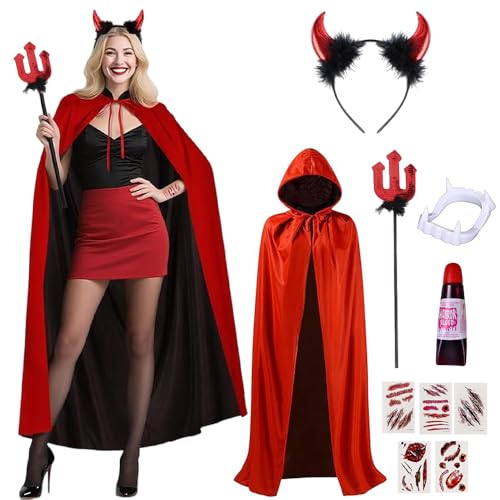 Yi'antai Costume de Diable pour Femme, Costume d'Halloween pour Femme, Costume Halloween Femme Demon, Cape de Diable, Cornes de Diable, Fourche du diable, Vampire Dents Faux Sang