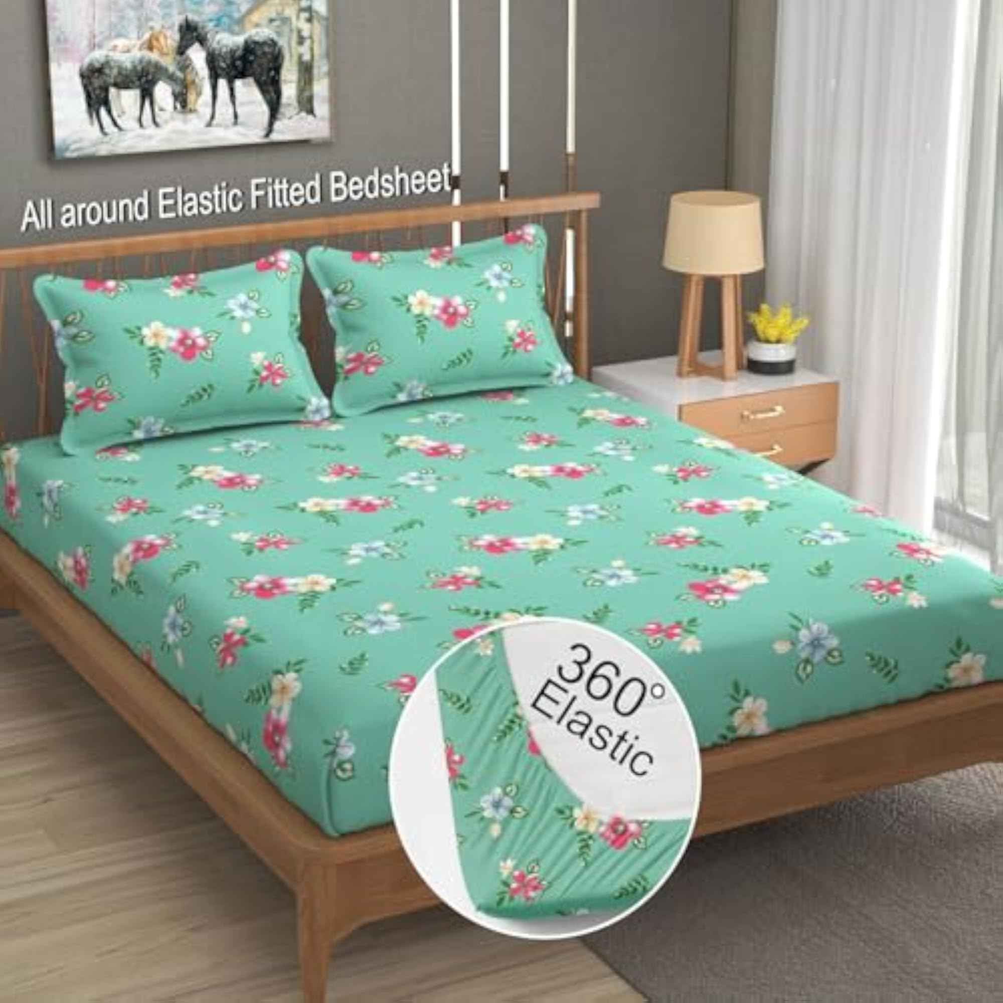 Cotton Double Fitted Bedsheet with 2 Pillow Covers, Jaipuri Prints