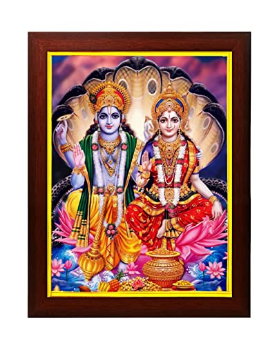 zig zag Rectangular Lord Lakshmi Narayan / Lord Vishnu With Lakshmi Mata Photo Frame For Wall / Room Size Medium ( 9.5 X 13.5 Inches, Acrylic Glass) Brown
