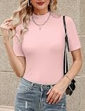 Totatuit Damska koszulka ze stójką, elegancka koszulka z rękawem 1/2 z elastycznym golfem, basic, top, bluzka, koszulka, Rosa, XXL