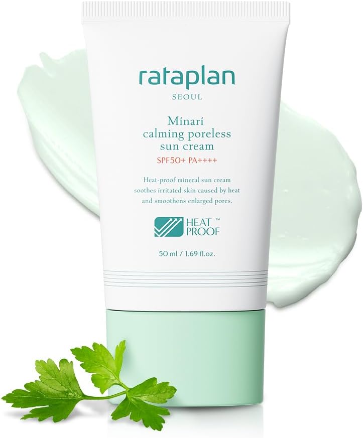 RataplanMinari Calming Poreless Sun Cream SPF 50+ PA++++ 1.69fl.oz - Mineral Sunscreen, Korean Sunscreen for Face, Pore Minimizer for Face, Reef Safe, Broad Spectrum, Korean Skincare