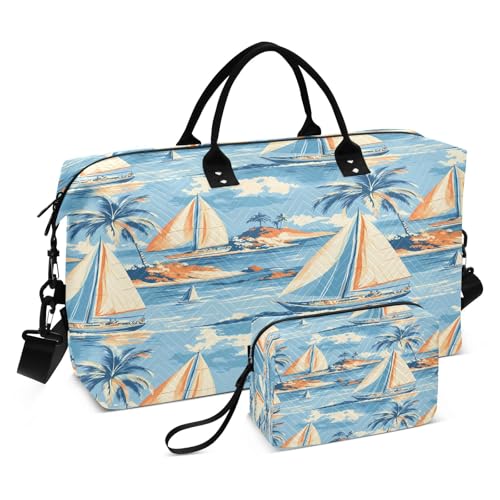 Weekender Bags Travel Duffel Gym Bag Sailboat Palm Sea Wave Pattern Carry on Overnight Tote Bag with Toiletry Bag for Airplane Travel Trip Gym Yoga