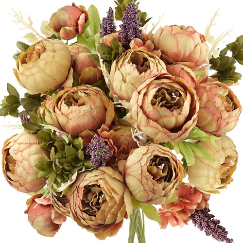 FiveSeasonStuff Vintage Artificial Peonies Silk Peony Flowers and Hydrangeas for Wedding Bridal Home Decor–Beautiful Floral Centerpiece Arrangement Decoration with 2 Bouquets Tawny Brown