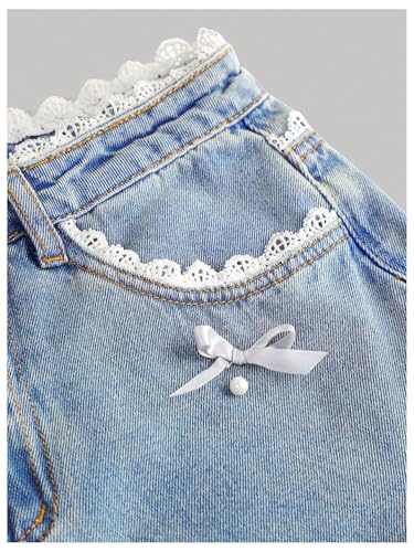 Verdusa Girl's Lace Pearl Bow Jeans Wide Leg Denim Pants with Pockets4