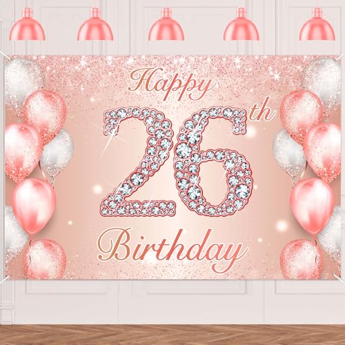Image of Happy 26th Birthday Rose Gold Banner Cheers to 26 Years Old Backdrop Confetti Balloons Theme Decor for Women 26 Years Old Pink Birthday Party Decorations Bday Supplies Background Favors Gift Glitter