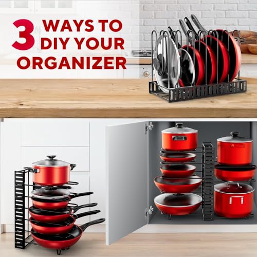 Image of 8 Tier Pot Organizers Rack with 3 DIY Methods, Adjustable Pan Organizer under Cabinet Kitchen Organization and Storage