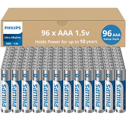 PHILIPS Paquete de 96 pilas AAA ultra alcalinas triples, pilas AAA de 1,5 V, máxima potencia de larga duración para dispositivos de alto drenaje, vida útil de 10 años, duraderas y a prueba de fugas.