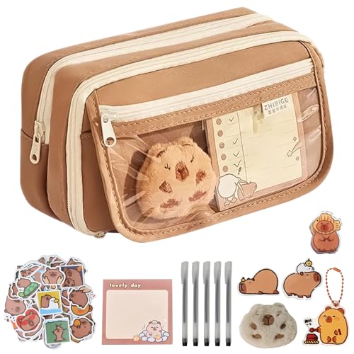 Domigard Estojo De Lápis Fofo Capivara, Grande Capacidade Com Alfinetes, Artigos Papelaria Pelúcia, Adesivos, Caneta, Para Material Escolar, Presentes (Marrom)