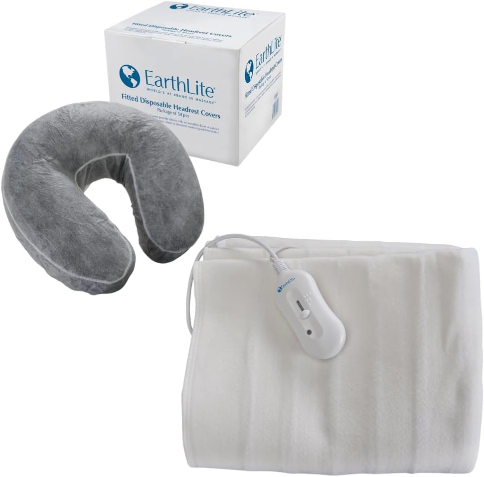EARTHLITE Professional Massage Bundle: Bodyworker’s Choice Heating Pad (30” x 71”) with 3 Heat Settings & 50-Pack Fitted Disposable Face Cradle Covers for Massage Tables and Chairs