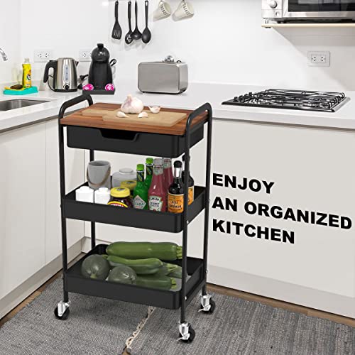 Aratan Utility Rolling Cart With Table Top, 3 Tier Metal Storage Cart With Drawer, Kitchen Organizer Cart With Handle And Locking Wheels For Bathroom Office Balcony Living Room (Black) #TOP5