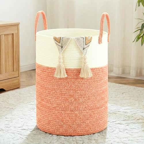 Image of Laundry Basket,Woven Cotton Rope Laundry Hamper,40L for Decor Storage of Dirty Clothes,Toys and Blankets in Bathroom,Baby Room and Living Room