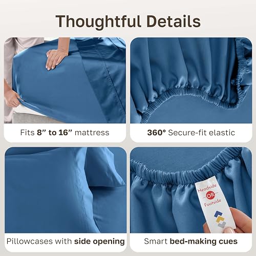 Image of California Design Den Natural 100% Cotton Bed Sheets Full Size Set - Luxury 600 Thread Count Sateen, Fully Elasticized Deep Pockets, Crisp and Durable - Parisian Blue