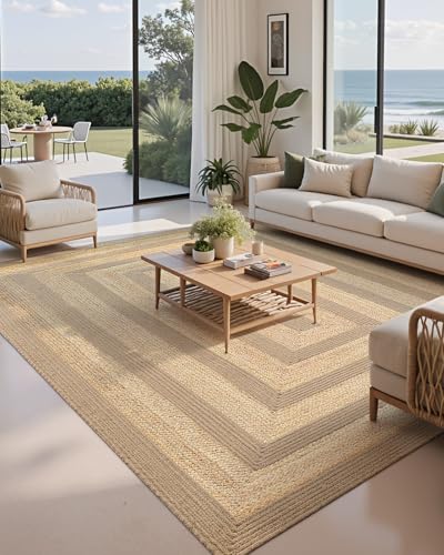 Image of Handmade Rectangular Jute Carpet Beige - Natural Fiber Rug for Living Room & Bedroom | Eco-Friendly & Durable | Size 4x6 Feet, Color- Beige