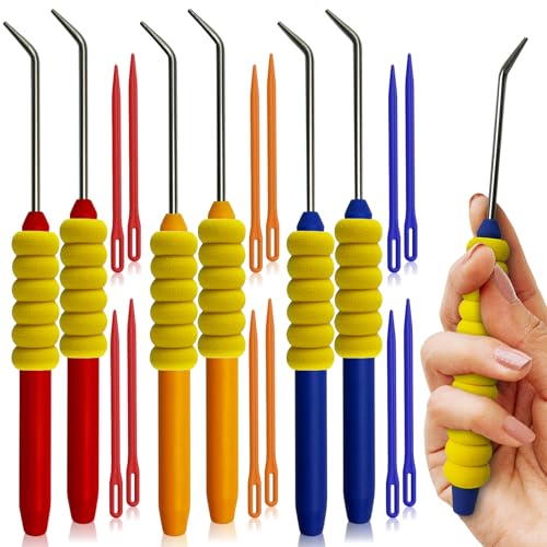 UCDRMA Knitting Loom Hook with Soft Grip More Comfortable Loom Knitting Hook for Arthritic Hands 6PCS Longer Loom Crochet Hooks (5.5in) Stainless Steel Yarn Loom Hooks with 12 Sewing Needles (S)