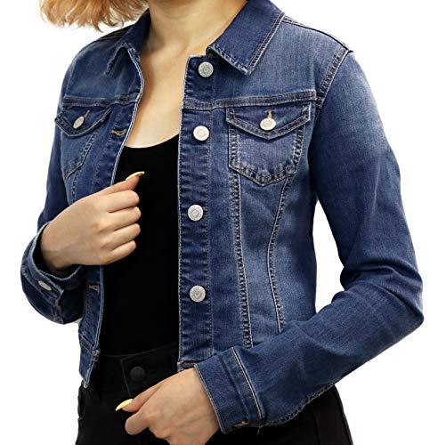 Wax Women's Basic Button Down Denim Jean Jacket, Medium Denim, Small