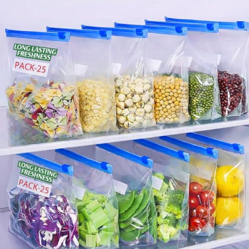Image of Plastic Zip Lock Reusable Slider Zipper Transparent Bag For Food Storage,Fruit Vegetable Freeze Storage Pouch Bags, Ziplock Bags Best For Fridge Storage 9 x 10 inch (25, Blue) | Reusable