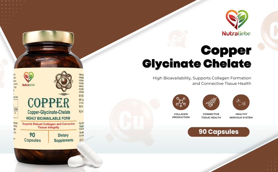 Image of Copper Glycinate Chelate - High Bioavailability, Supports Collagen Formation and Connective Tissue Health, 90 Capsules