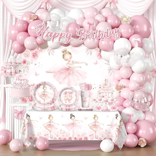 Ballerina Birthday Party Decorations Ballerina Party Balloon Arch Tableware Kit Cake Toppers Ballet Dance Plates and Napkins for Girls Pink Ballet Tutu Dancer Party Decorations