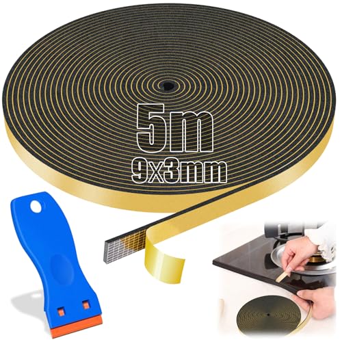 SWTYExt 5m Cinta selladora Fregadero 9mm x 3mm Junta de vitrocerámica Cinta selladora con pequeño raspador Cinta selladora para placa de cocina Cinta selladora autoadhesiva de goma esponja