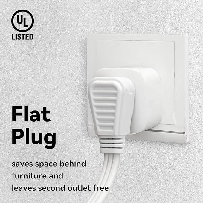HONDERONS 12FT 3 Outlets White Flat Plug Extension Cord,14/3 SPT-3 Extension Cable 3 Prong Grounded,Durable Power Cable for Home,Office