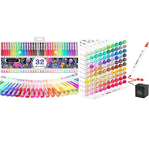 Glitter Gel Pens, 32-Color Neon Glitter Pens Fine Tip Art Markers Set & 101 Colors Dual Tips Alcohol Based Markers, 40% More Ink Colored Gel Pens For Adult Coloring Book, Drawing, Doodling, Scrapbook, #TOP24