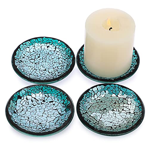 Ownmy Set Of 4 Blue Mosaic Glass Candle Plates 4 Inch Pillar Candle Holder Plates, Glass Mosaic Candle Coasters Small Round Candle Trays Decorative Glass Pillar Candle Stands For Table Centerpieces #TOP5