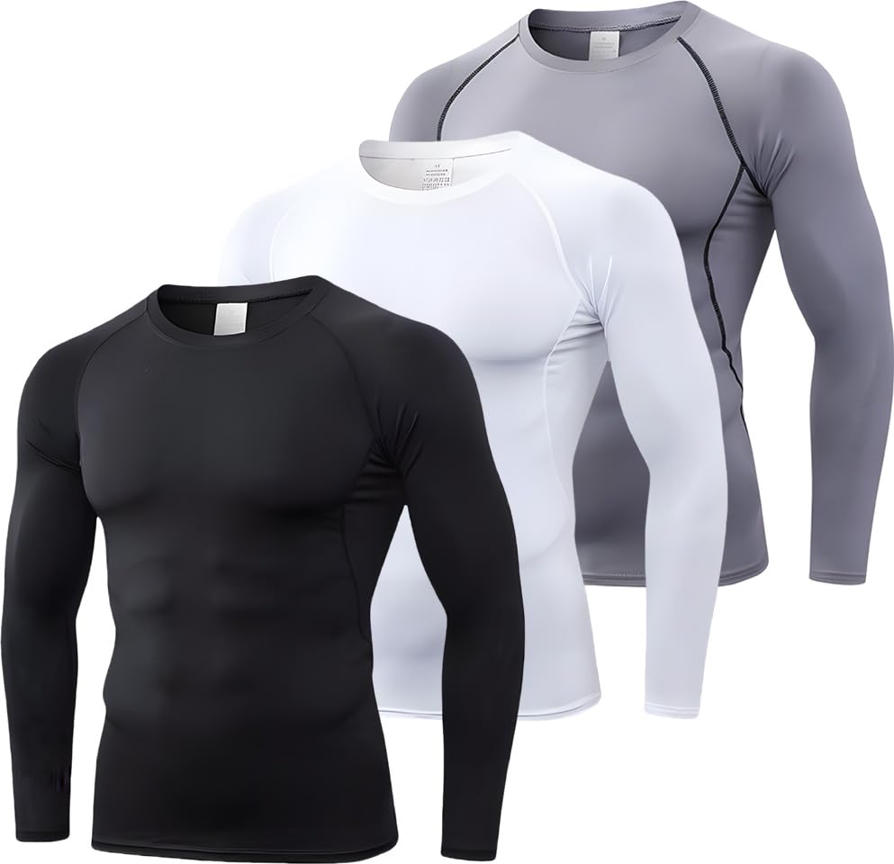 Opiniones de Ropa de Atletismo los más recomendados. 45 DJJAXC 3PCS Manga Larga Deportiva para Hombre Absorben la Humedad, Playeras Manga Larga Hombre Cómodo y Transpirable (MX/US, Alfa, Mediano, Regular, Regular, Negro+Blanco+Gris)
